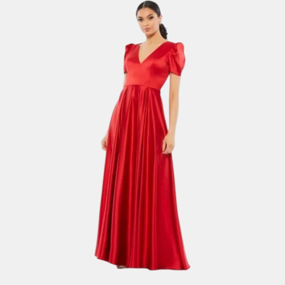 New! Mac Duggal Puff Sleeve V-Neck Red Elegant Satin A line Satin Gown Sz 0 $398
